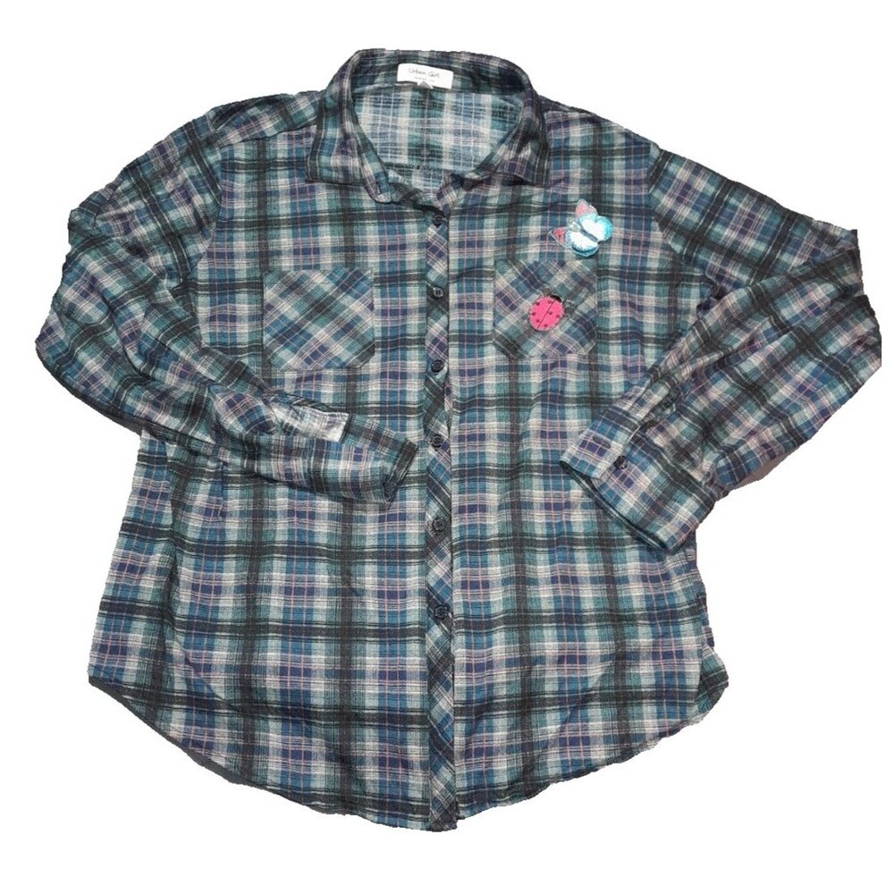 Urban Girl flannel shirt blue and green plaid pattern ladybug butterfly XL Jrs